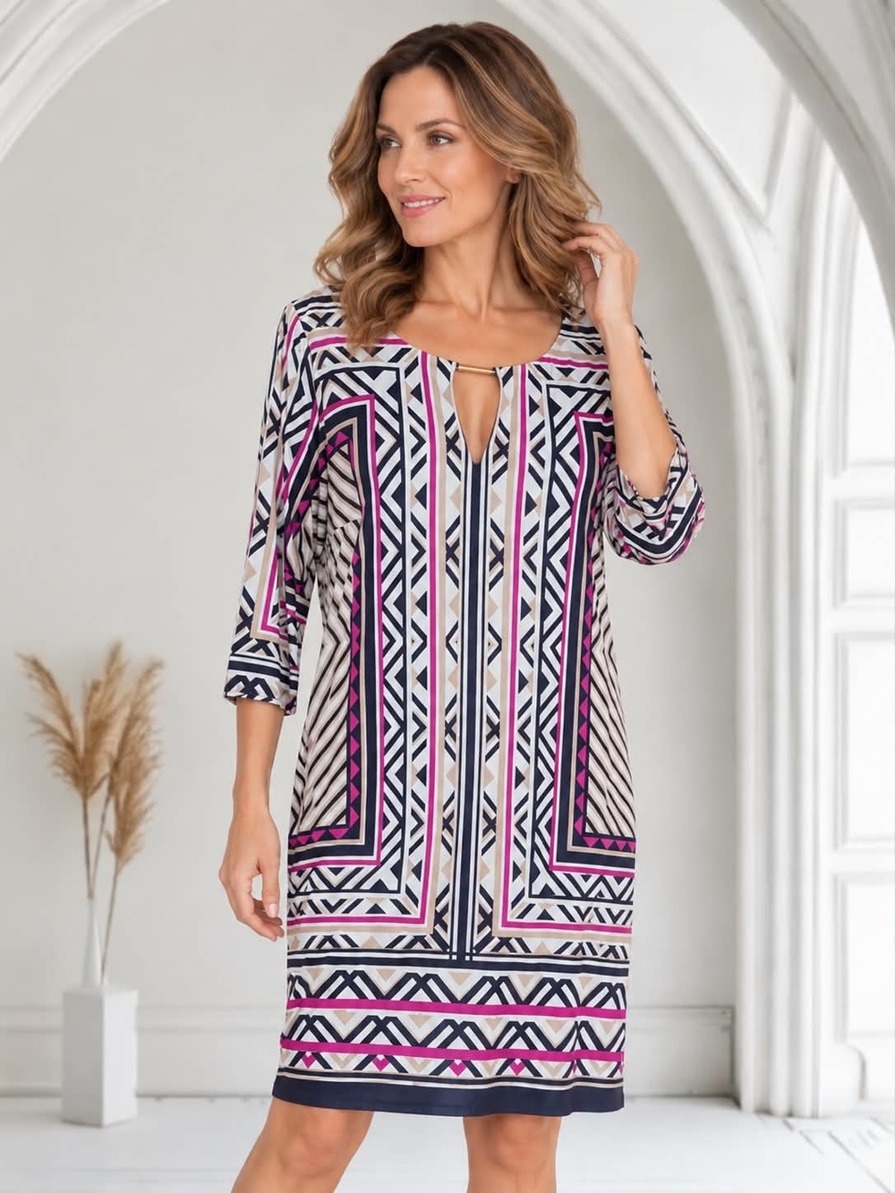 INC International Concepts Geometric Midi Dress in Pink, Navy & Cream